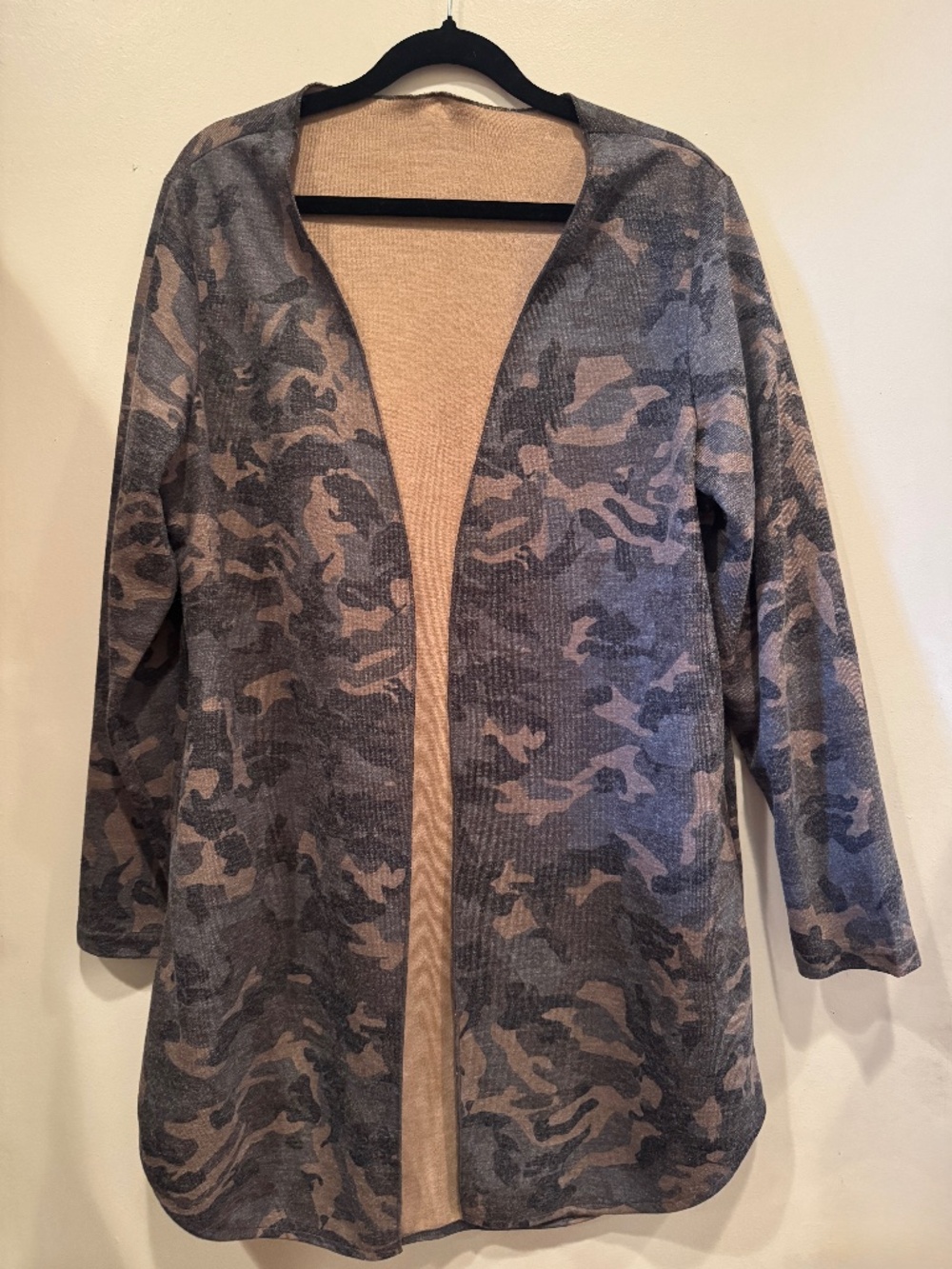 Camo Open-Front Long Cardigan with Hidden Pockets, Distressed Look, Medium Fit